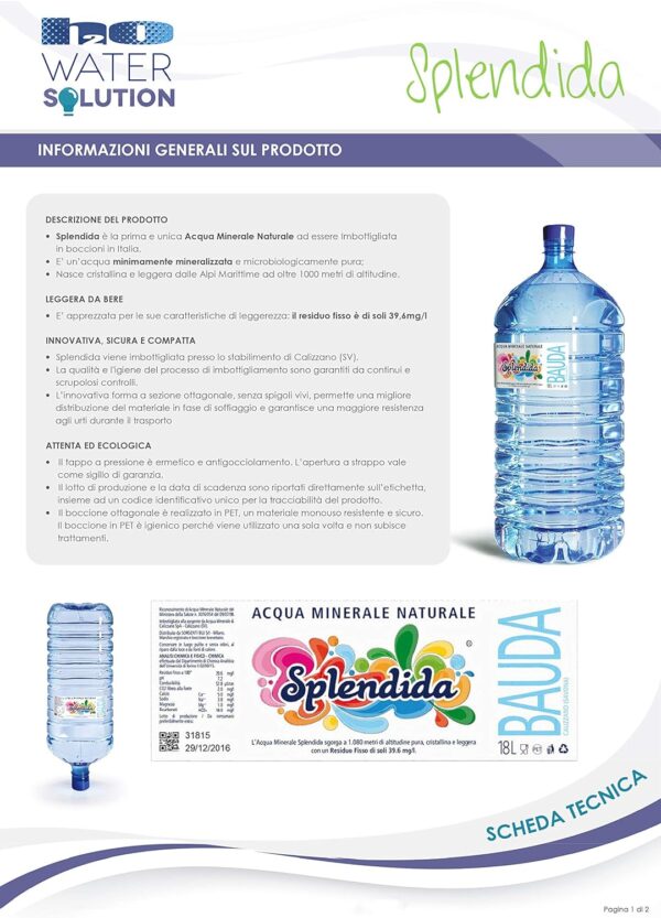 SPLENDIDA BOCCIONE d'Acqua Naturale da 18 Litri in Pet con Attacco Standard per Dispenser - EROGATORI ED BEVERINI CASA ED Ufficio - immagine 3