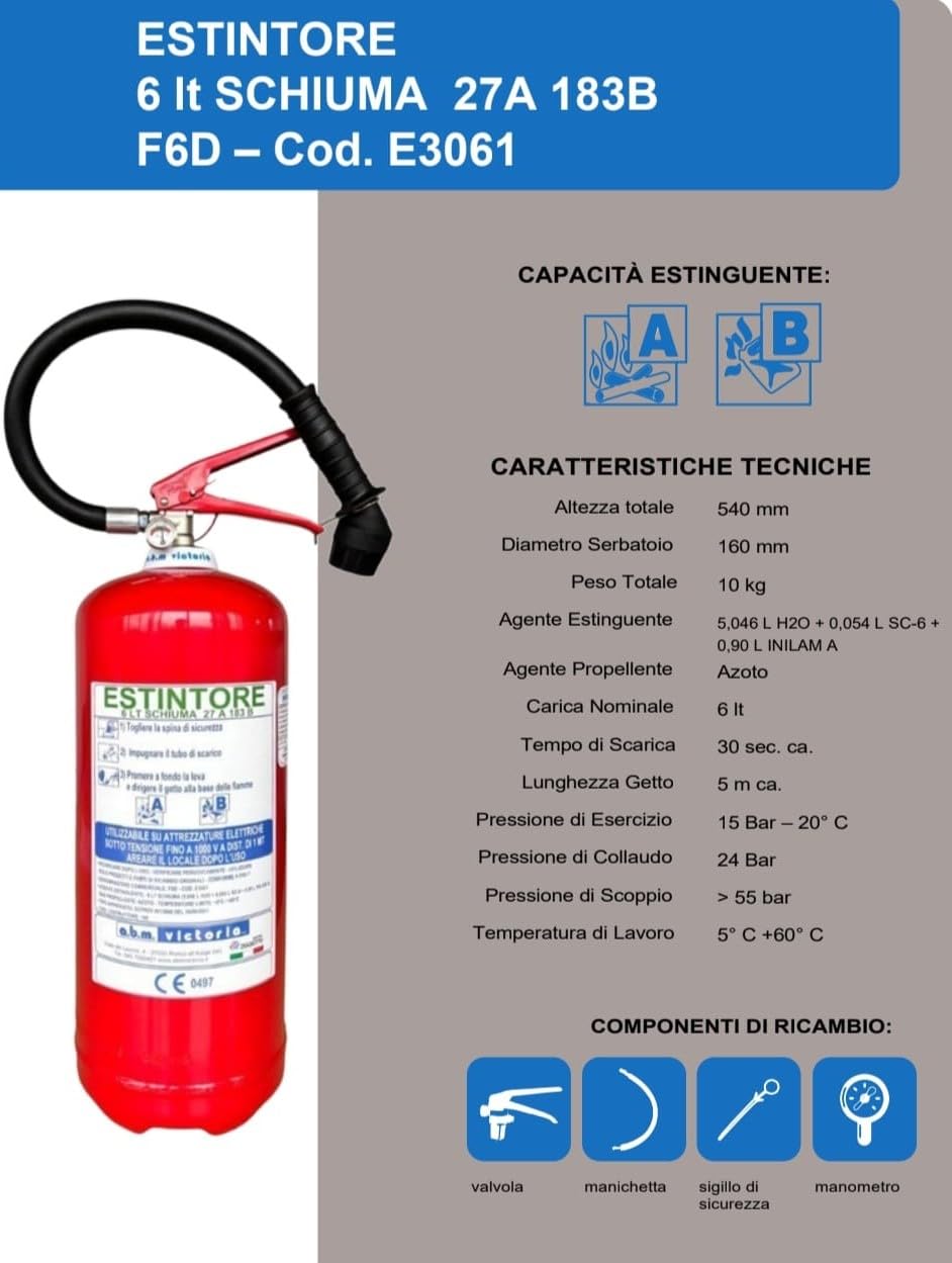 Estintore Idrico a Schiuma litri 6, di nuova costruzione, fornito di staffa +cartello estintore + tagliando di controllo - immagine 5