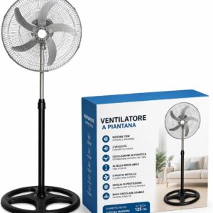 Ventilatore a Piantana da 50 cm con 5 Pale in Metallo e Motore 75W - Oscillazione Automatica - 3 Velocità - Altezza Regolabile 125 cm - Ventilatore SILENZIOSO con Griglia di Sicurezza per Casa/Ufficio